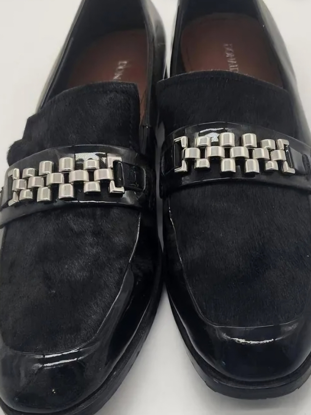 Donald J. Pliner Black Patent & Haircalf Loafers with Silver Chain